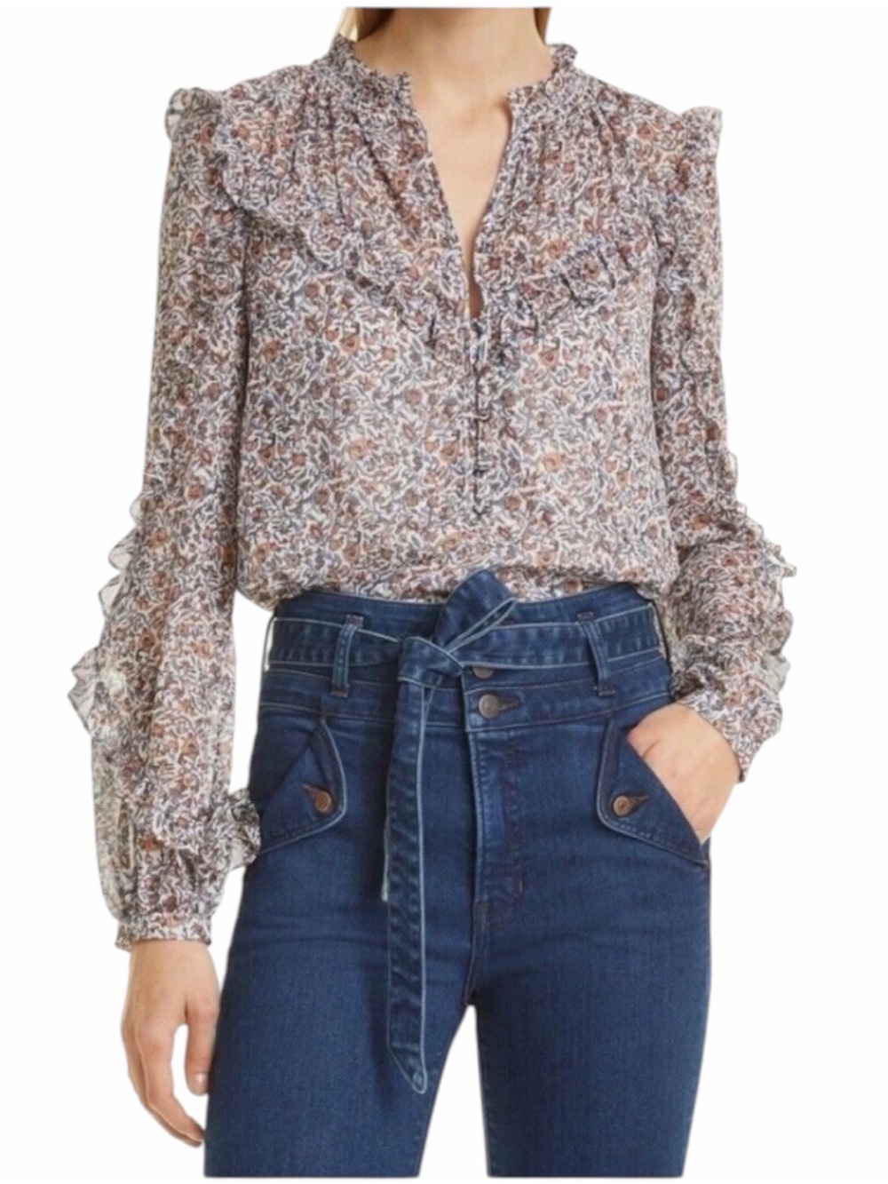 Veronica Beard Chiffon Abra Floral Print Ruffle Blouse long sleeve *No Cami 00